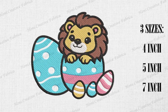 Cute Lion Peeking from Easter Egg Embroidery